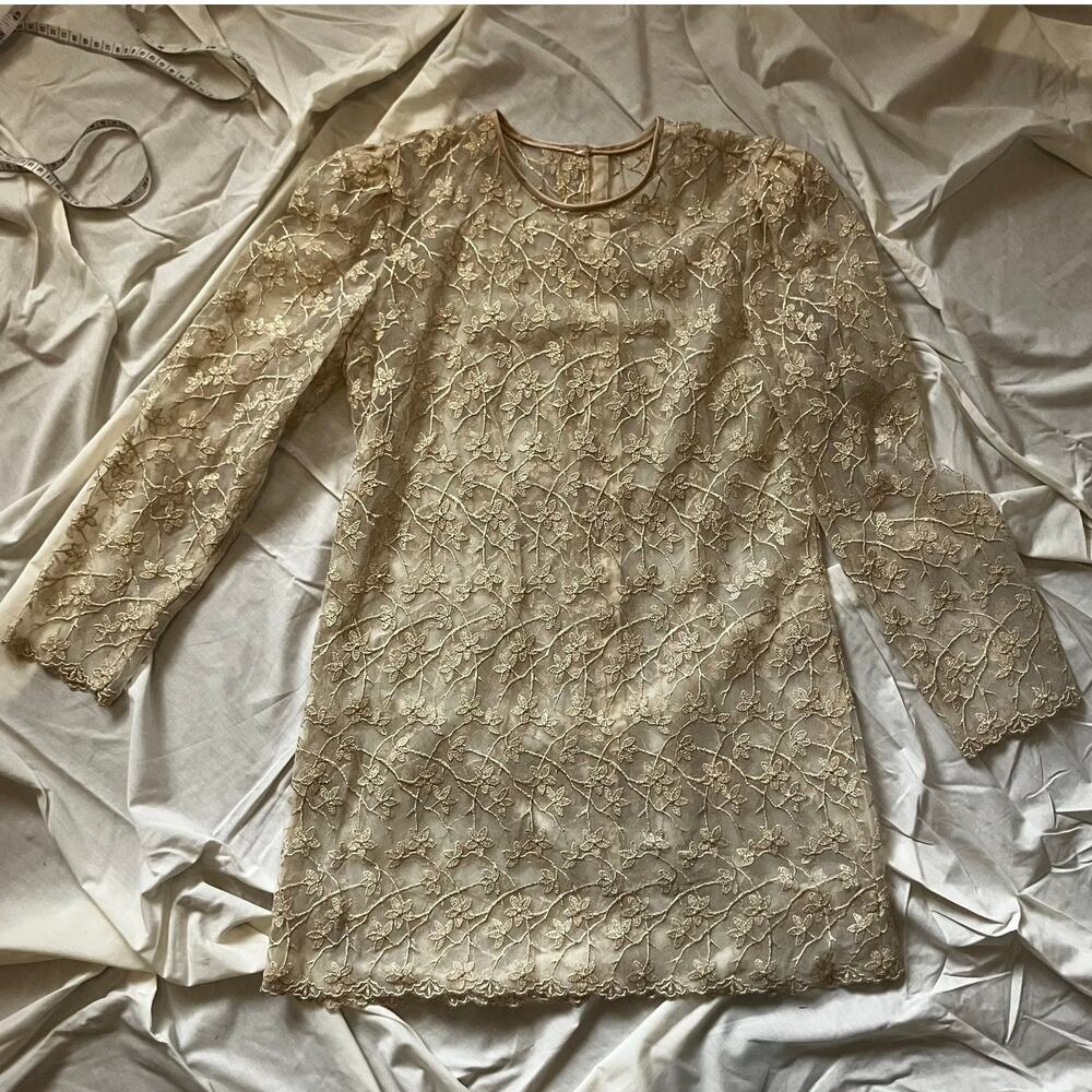 Vintage Champagne Lace Beaded Blouse Cottagecore Sheer Formal Top Medium